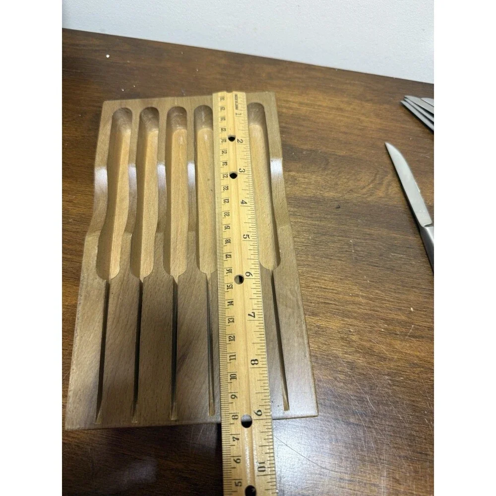Vintage MCM Steak Knife Set 6pc Stainless Steel Oak Block Stand Curved Japan